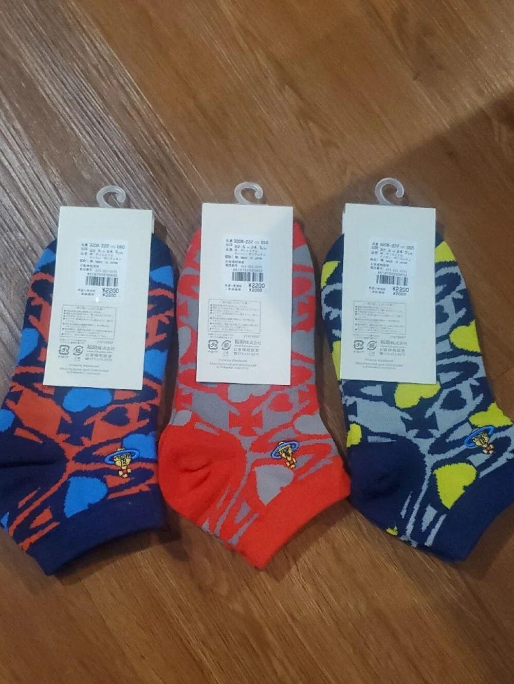 Vivienne Westwood Women’s No-Show Socks — Red, Blue & Yellow Patterned Trio